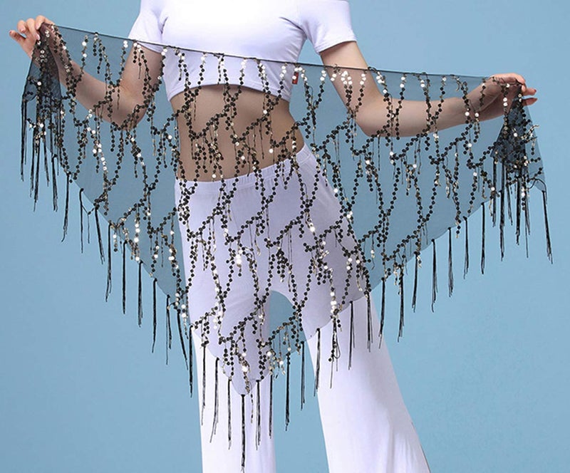 Lauthen.S Women Belly Dance Hip Scarf, Sequin Tassels Triangle Tribal Wrap Skirt Waist Chain Black(Silver Sequins) - Image 2